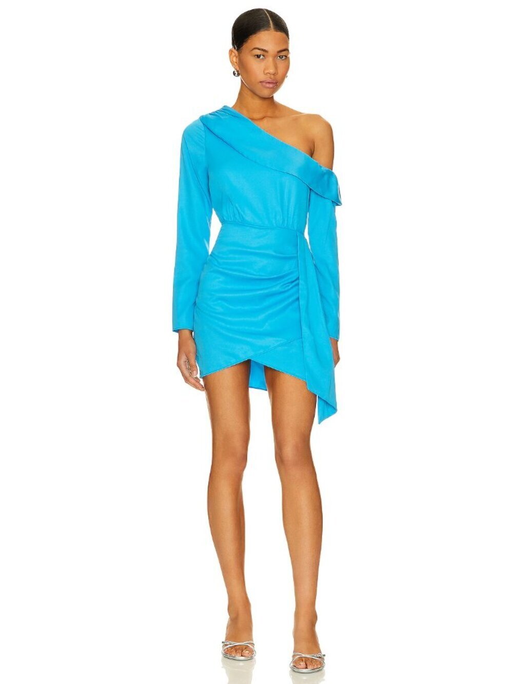 SAYLOR Kirstie Cerulean Blue One Shoulder Long Sleeve Draped Mini Dress, Size S